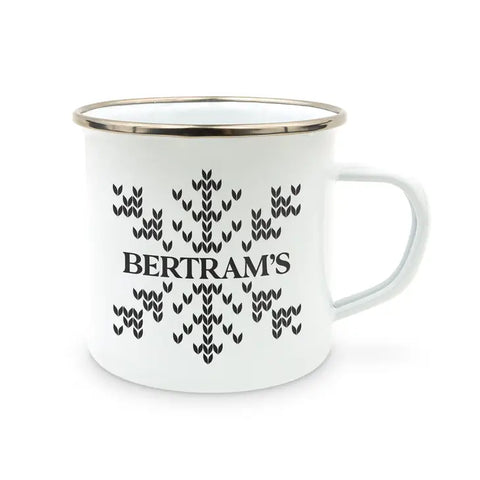 Personalized White Enamel Stainless Steel Coffee Mug - Knit Sweater Snowflake