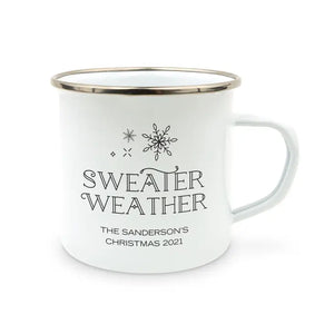 Personalized White Enamel Stainless Steel Coffee Mug - Sweater Weather