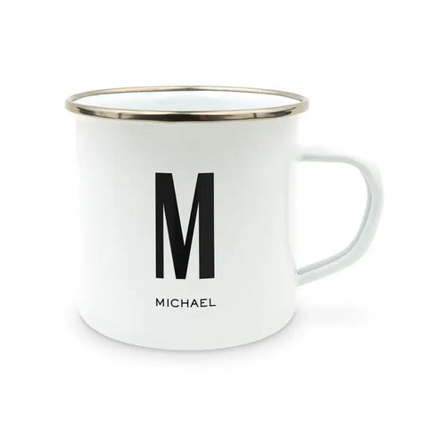 Personalized White Enamel Stainless Steel Coffee Mug - Sans Serif Monogram