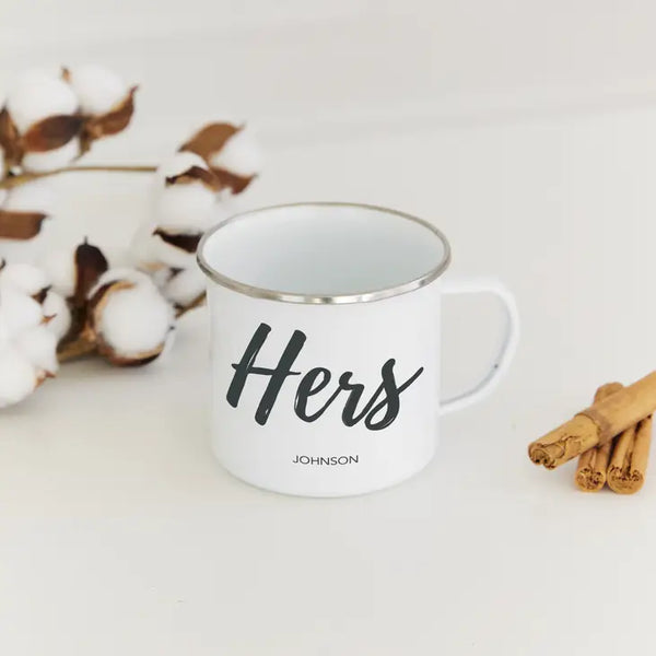 Personalized White Enamel Stainless Steel Coffee Mug - Hers