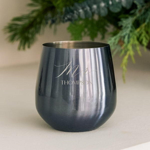 Custom Engraved 16 oz. Navy Metal Stemless Wine Glass - Mr