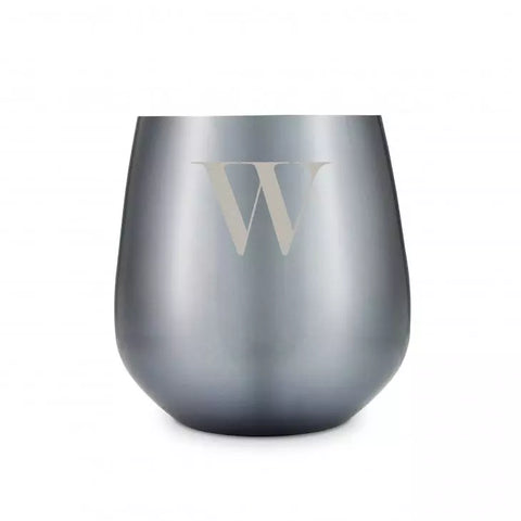 Custom Engraved 16 oz. Navy Metal Stemless Wine Glass - Modern Serif Monogram