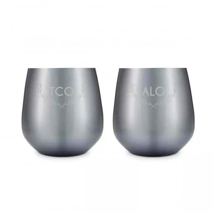 Personalized 16 oz. Navy Metal Stemless Wine Glass Gift Set - Woodland Monogram