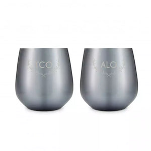 Personalized 16 oz. Navy Metal Stemless Wine Glass Gift Set - Woodland Monogram