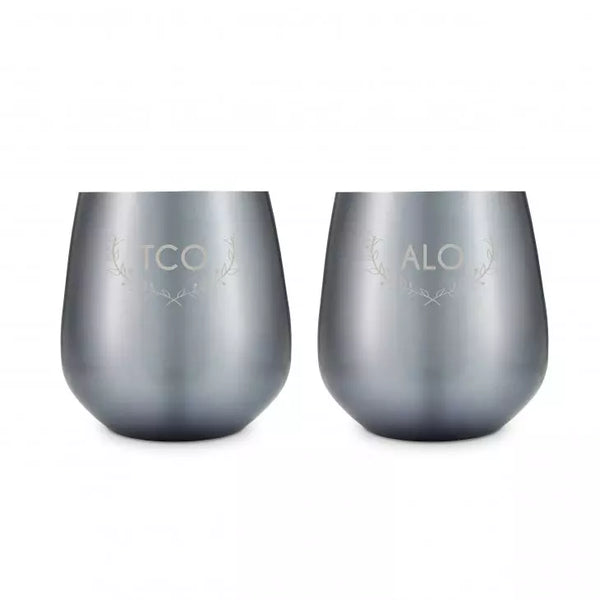 Personalized 16 oz. Navy Metal Stemless Wine Glass Gift Set - Woodland Monogram