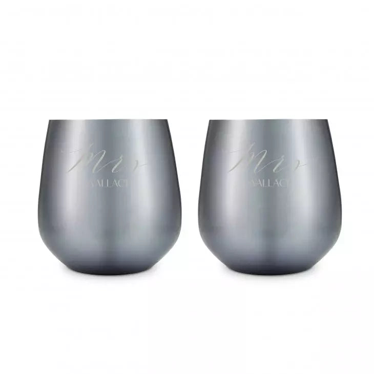 Personalized 16 oz. Navy Metal Stemless Wine Glass Gift Set - Mrs