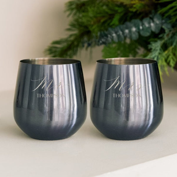 Personalized 16 oz. Navy Metal Stemless Wine Glass Gift Set - Mr and Mrs