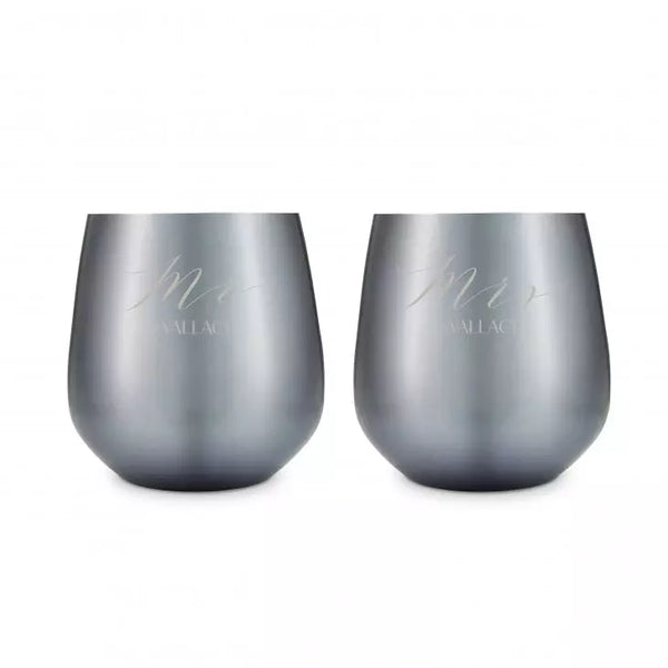 Personalized 16 oz. Navy Metal Stemless Wine Glass Gift Set - Mr and Mrs