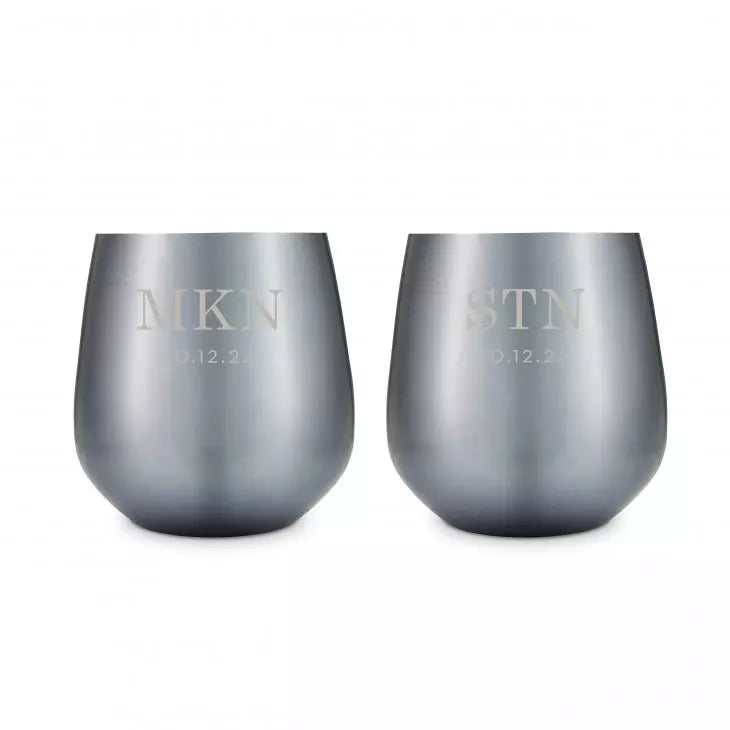 Personalized 16 oz. Navy Metal Stemless Wine Glass Gift Set - Classic Monogram