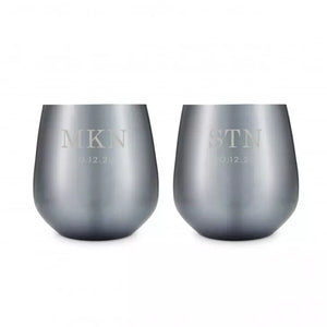 Personalized 16 oz. Navy Metal Stemless Wine Glass Gift Set - Classic Monogram