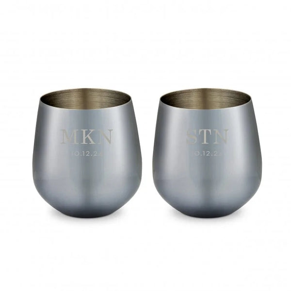 Personalized 16 oz. Navy Metal Stemless Wine Glass Gift Set - Classic Monogram