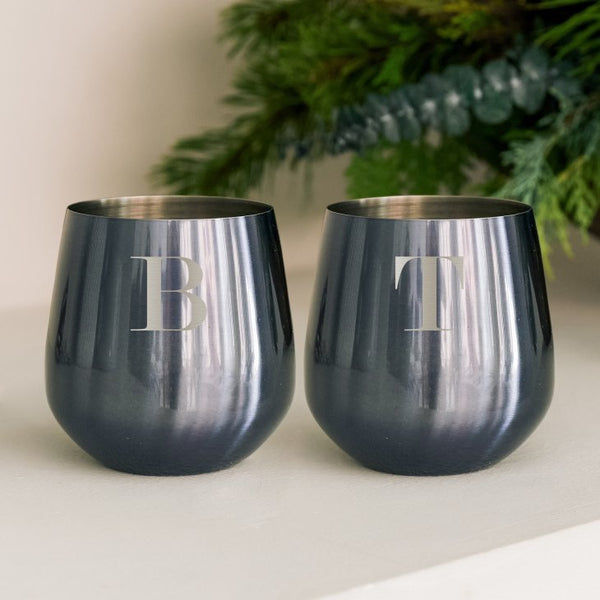 Personalized 16 oz. Navy Metal Stemless Wine Glass Gift Set - Modern Serif Monogram