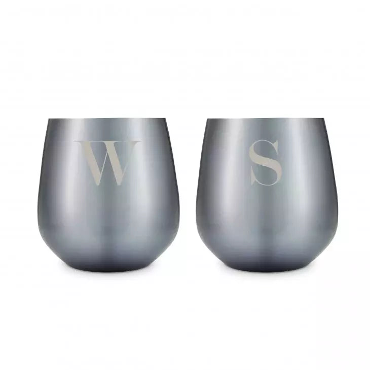 Personalized 16 oz. Navy Metal Stemless Wine Glass Gift Set - Modern Serif Monogram