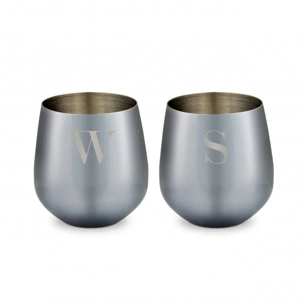 Personalized 16 oz. Navy Metal Stemless Wine Glass Gift Set - Modern Serif Monogram