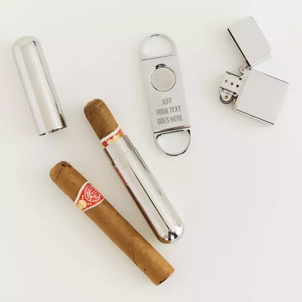 Personalized Silver Stainless Steel Cigar Cutter and Travel Tube Gift Set - Custom Text