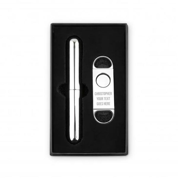 Personalized Silver Stainless Steel Cigar Cutter and Travel Tube Gift Set - Custom Text