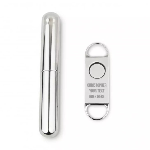 Personalized Silver Stainless Steel Cigar Cutter and Travel Tube Gift Set - Custom Text