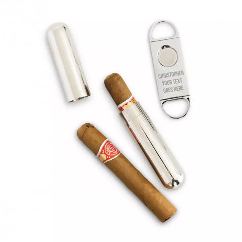 Personalized Silver Stainless Steel Cigar Cutter and Travel Tube Gift Set - Custom Text