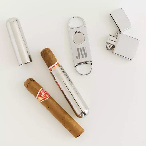 Personalized Silver Stainless Steel Cigar Cutter and Travel Tube Gift Set - Sans Serif Monogram