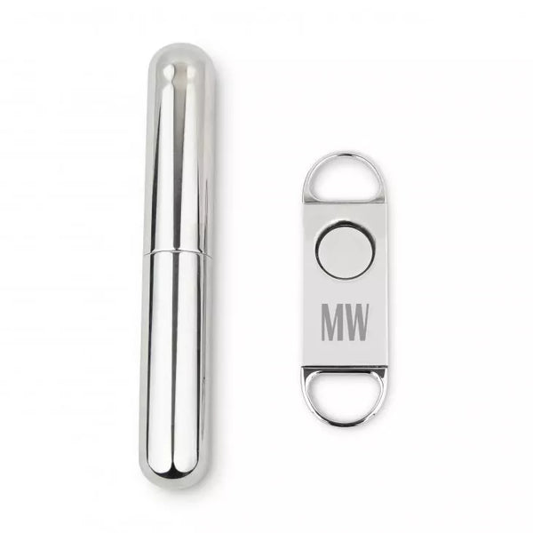 Personalized Silver Stainless Steel Cigar Cutter and Travel Tube Gift Set - Sans Serif Monogram