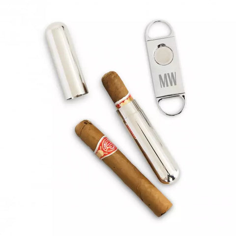 Personalized Silver Stainless Steel Cigar Cutter and Travel Tube Gift Set - Sans Serif Monogram