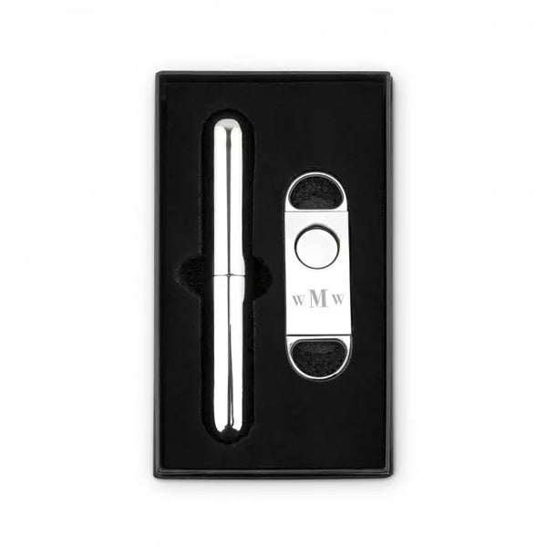 Personalized Silver Stainless Steel Cigar Cutter and Travel Tube Gift Set - Traditional Monogram