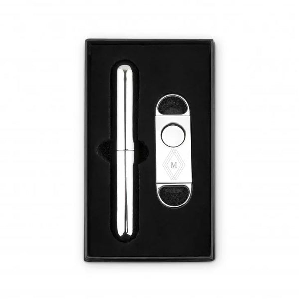 Personalized Silver Stainless Steel Cigar Cutter and Travel Tube Gift Set - Diamond Emblem