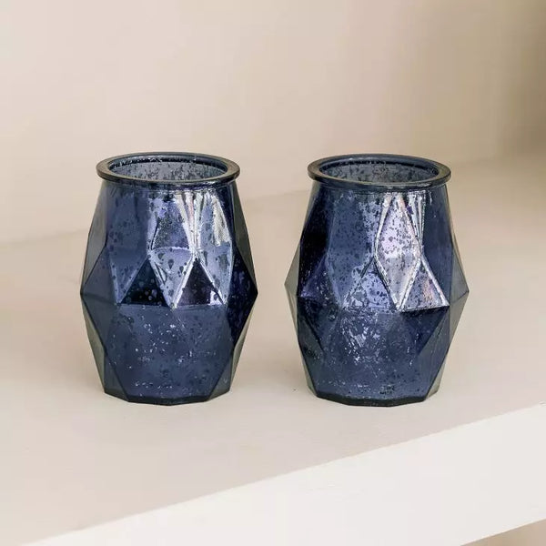 Large Geometric Mercury Glass Votive Candle Holders - Navy Blue - Set of 2