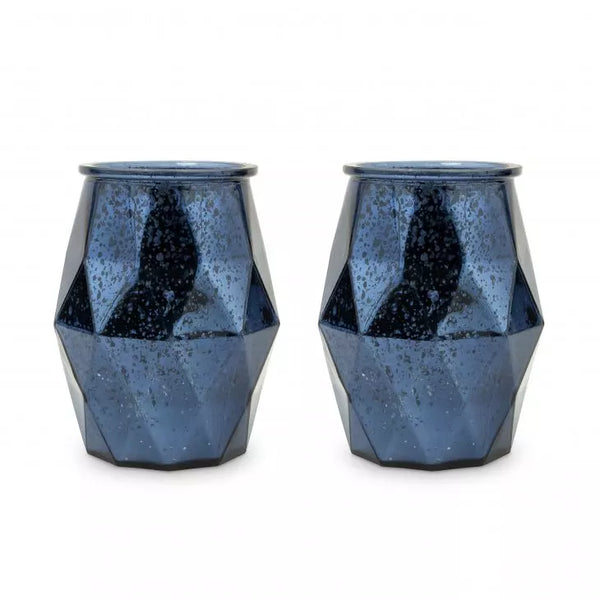 Large Geometric Mercury Glass Votive Candle Holders - Navy Blue - Set of 2