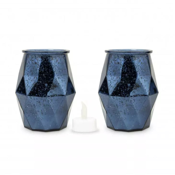 Large Geometric Mercury Glass Votive Candle Holders - Navy Blue - Set of 2