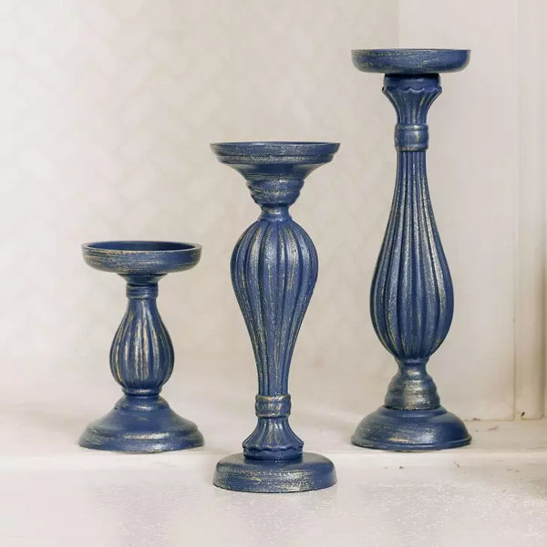 3-Piece Tiered Wood Spindle Candle Holder Set - Navy Blue