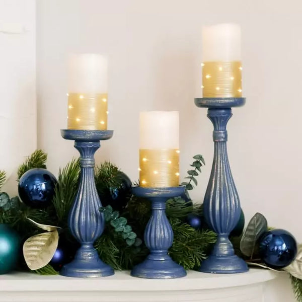 3-Piece Tiered Wood Spindle Candle Holder Set - Navy Blue