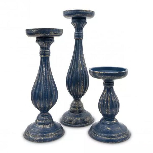 3-Piece Tiered Wood Spindle Candle Holder Set - Navy Blue