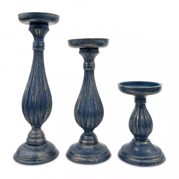 3-Piece Tiered Wood Spindle Candle Holder Set - Navy Blue