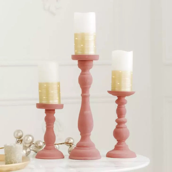 3-Piece Tiered Velvet Spindle Candle Holder Set - Blush Pink