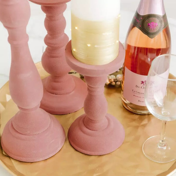 3-Piece Tiered Velvet Spindle Candle Holder Set - Blush Pink