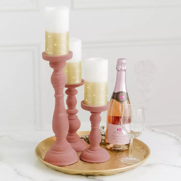 3-Piece Tiered Velvet Spindle Candle Holder Set - Blush Pink