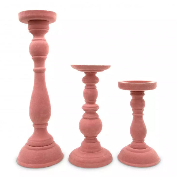 3-Piece Tiered Velvet Spindle Candle Holder Set - Blush Pink