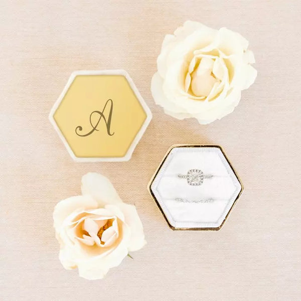 Personalized Velvet Hexagon Wedding Ring Box - Script Initial