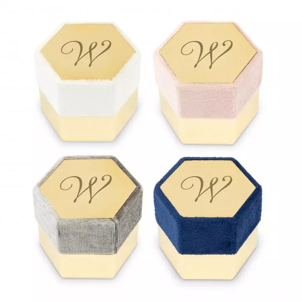 Personalized Velvet Hexagon Wedding Ring Box - Script Initial