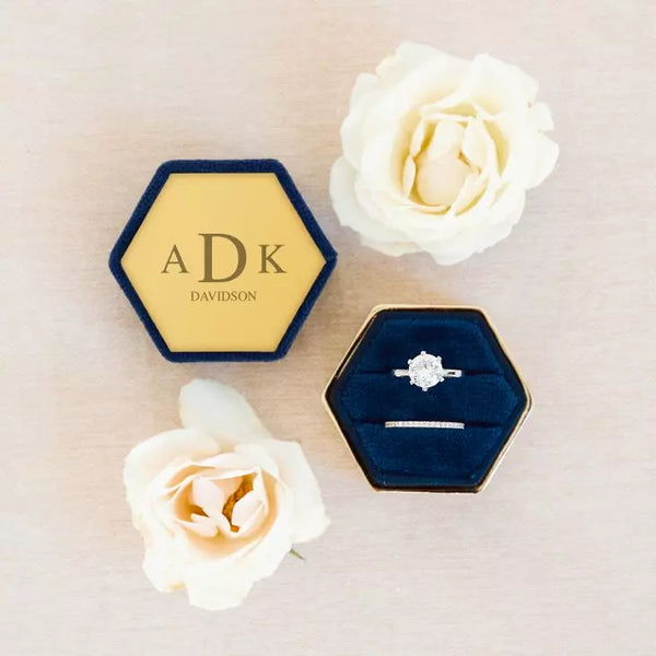 Personalized Velvet Hexagon Wedding Ring Box - Traditional Monogram