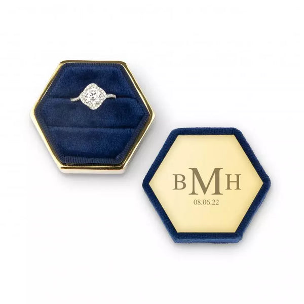 Personalized Velvet Hexagon Wedding Ring Box - Traditional Monogram