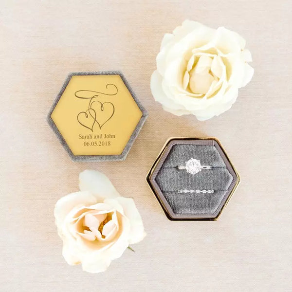 Personalized Velvet Hexagon Wedding Ring Box - Double Hearts