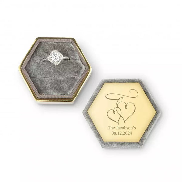 Personalized Velvet Hexagon Wedding Ring Box - Double Hearts