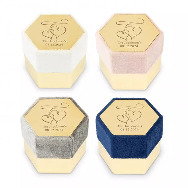 Personalized Velvet Hexagon Wedding Ring Box - Double Hearts