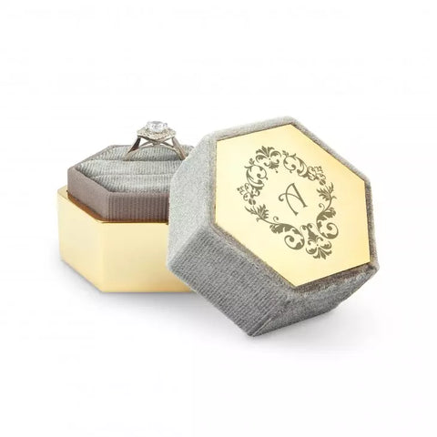 Personalized Velvet Hexagon Wedding Ring Box - Classic Filigree