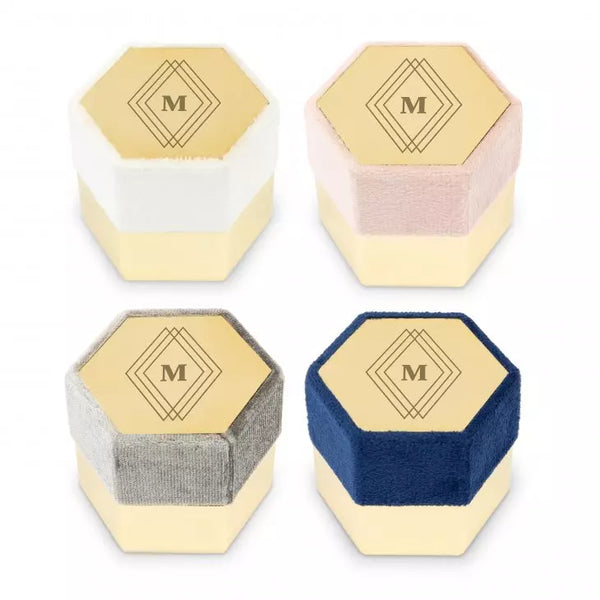 Personalized Velvet Hexagon Wedding Ring Box - Diamond Emblem