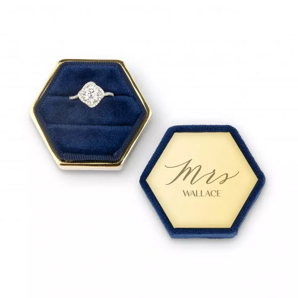 Personalized Velvet Hexagon Wedding Ring Box - Mrs