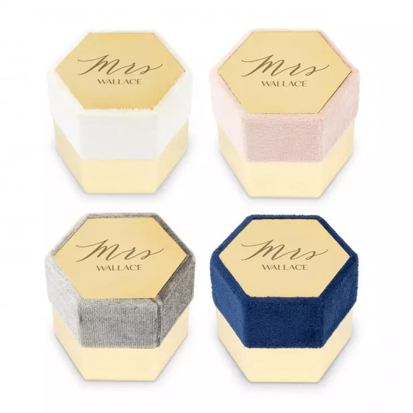 Personalized Velvet Hexagon Wedding Ring Box - Mrs