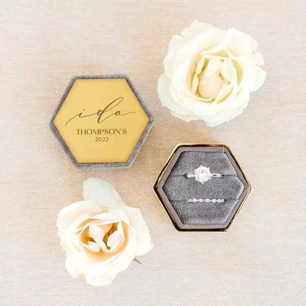 Personalized Velvet Hexagon Wedding Ring Box - I Do